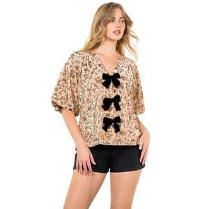 THML Sequin Blouse with Black Bow Details